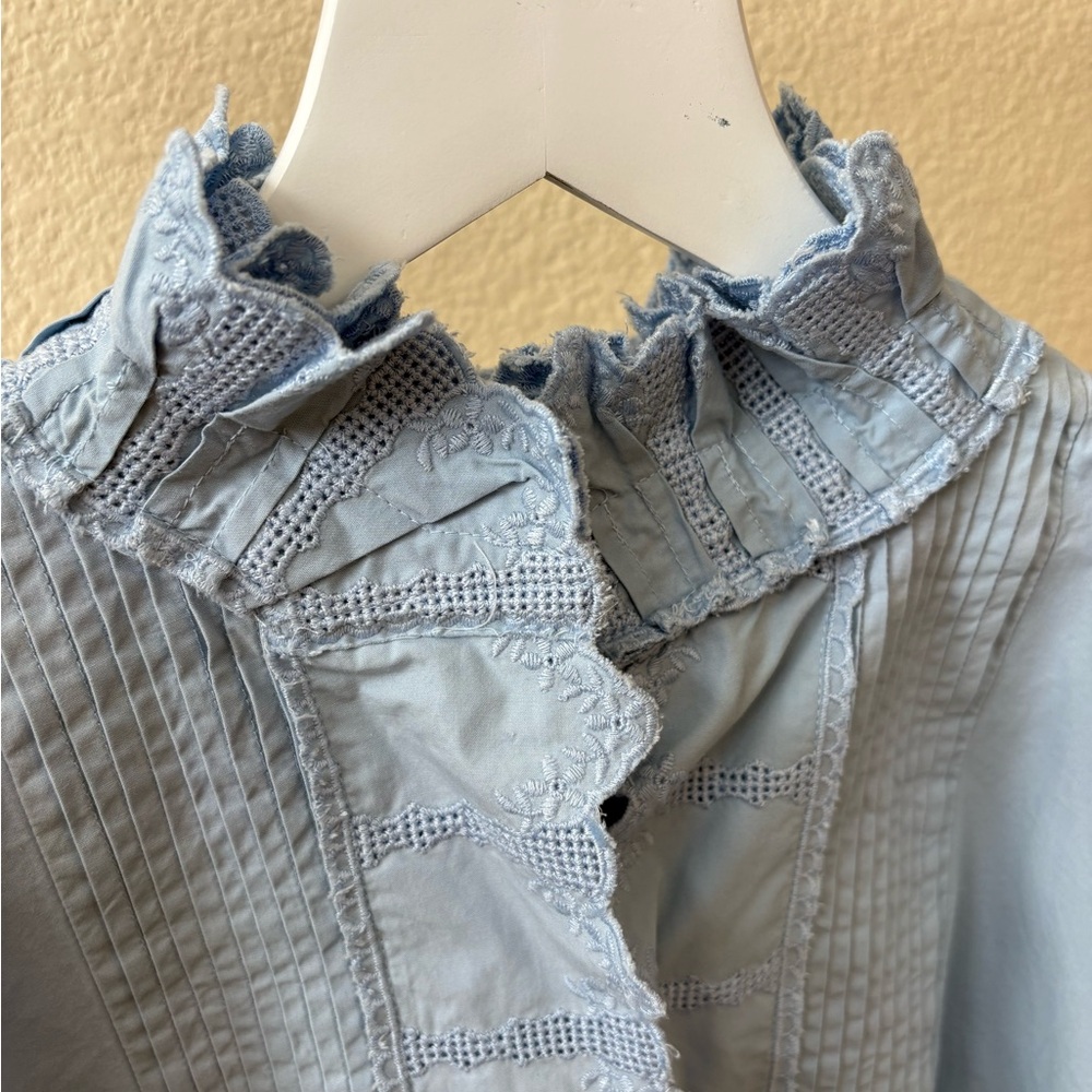 Isabel Marant Light Blue Ruffled Pintuck Cotton Blouse - Picture 2 of 14